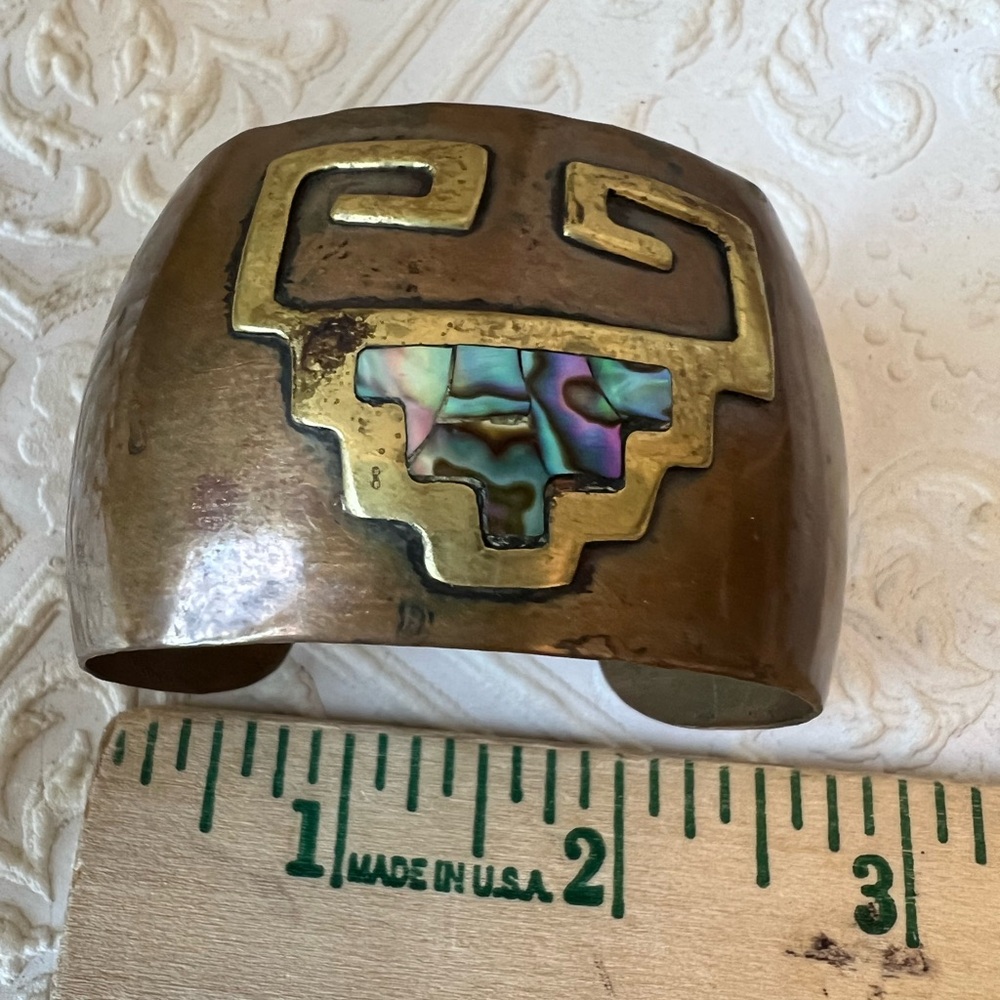 Vintage looking mixed metals abalone copper cuff bracelet